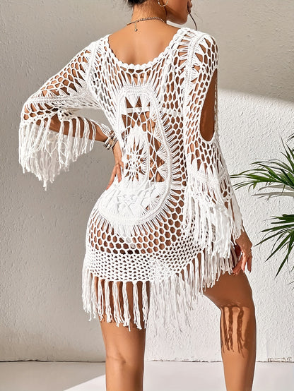 Boho Cover Up Dress Without Bikini - Hollow Out Fringe Design, Sheer Beach Wrap Skirt for Women, Vacay Style Swimwear Cover-Up, Lightweight Bohemian Swimwear Accessory, Bathing Suit Cover Up, Summer Vacation Wear, Bohemian Ch