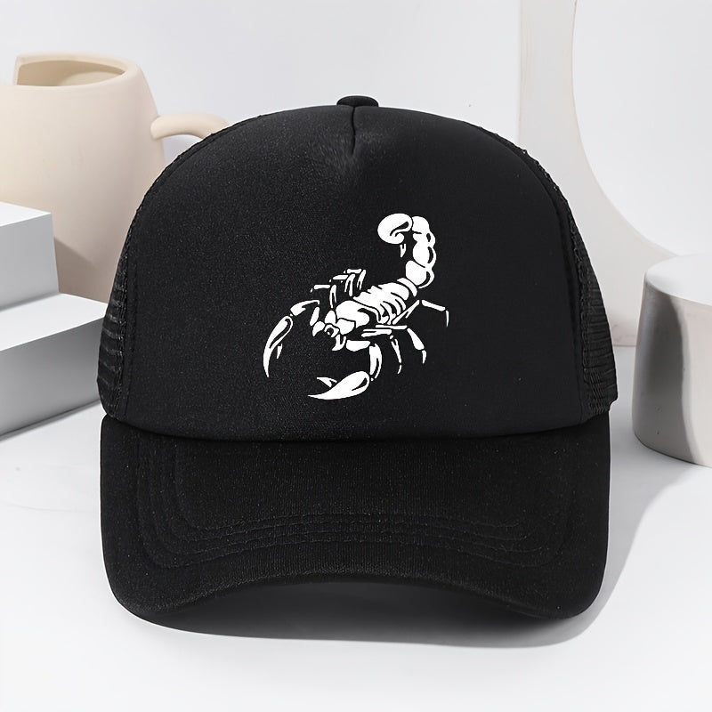 Unisex Scorpion Print Baseball Cap - Breathable Mesh Trucker Hat with Adjustable Fit for Outdoor Sports, Fishing & Casual Wear, Black with White Scorpion Design, Spring/Summer Collection, Spring Summer Cap | Stylish Headgear