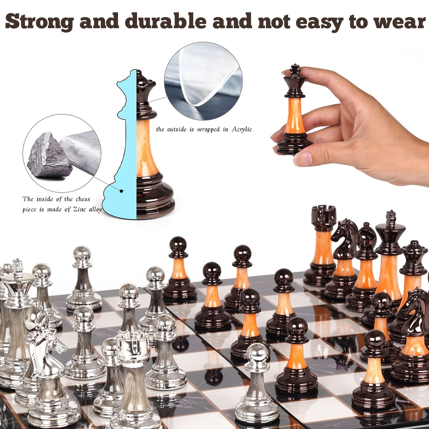 15" Large Chess Set for Adults with Weighted Acrylic Chess Pieces 3.5" King & Portable Folding Marbling Wooden Chess Board Travel Chess Sets Family Board Game Gift – Elegant Classic Chess Game
