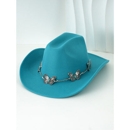 Women'S Bohemian Turquoise & White Cowboy Hat - Felt Wide Brim Sun Hat with Butterfly Metal Chain Accent, Non-Stretch Formal & Western Style for Christmas, Festivals, Casual Attire - Hand Washable Elegant Felt Cowboy Cap, Cow