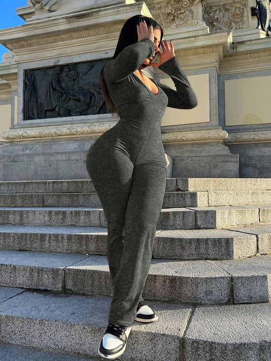 Plus Size - Large Size Women'S Jumpsuit | Outdoor Fashion, Comfortable and Sexy, Versatile for Daily Leisure, and Fitness, Tight Suit, Medium Stretch Fabric, Long Sleeve, Solid Color