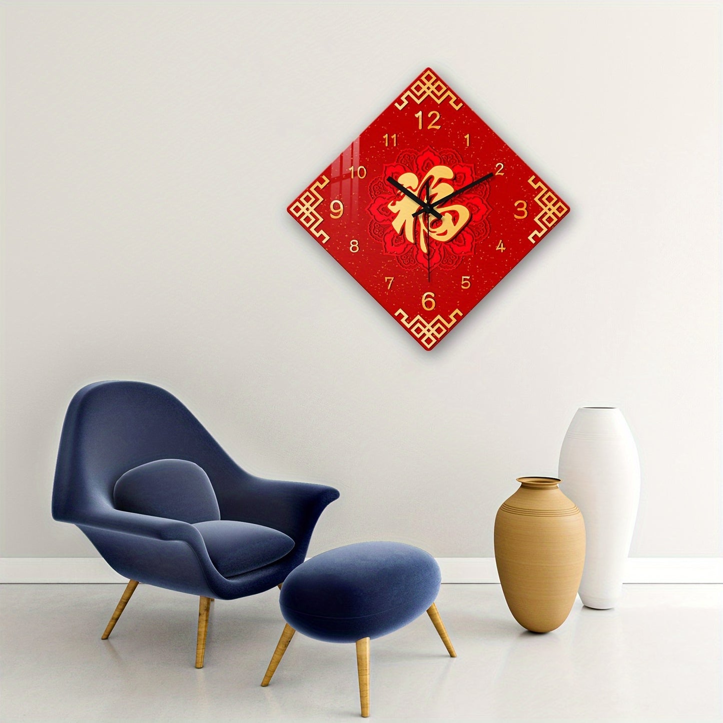 1pc Constantplanet 16-inch Chinese Fu Character Tempered Glass Wall Clock, Silent Quartz Movement, Battery Powered (AA Not Included), Round Religious Theme Decor for Living Room, Bedroom, Dining Area