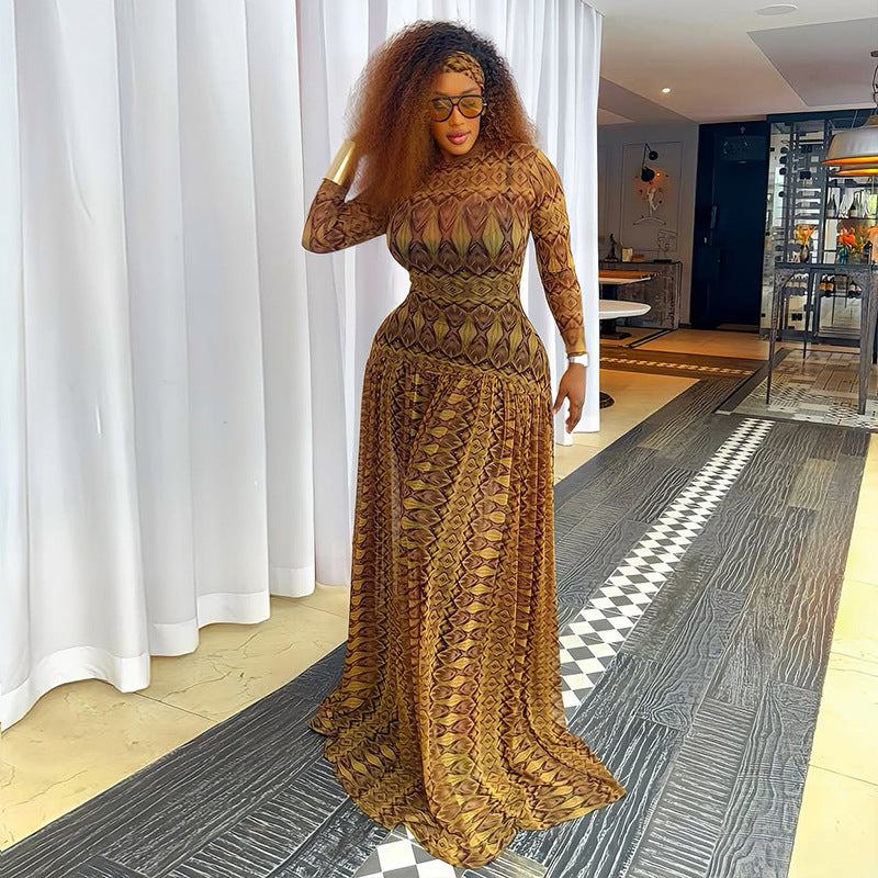 Women'S Elegant Long Sleeve Maxi Dress with Ruched Waist & Geometric Print - Loose Fit Bodycon Silhouette, Round Neck Long Dress in Brown - Comfortable Formal & Semi-Formal Outfits for Fall/Winter, Casual to Formal Events - V