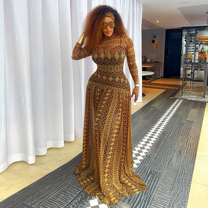 Women'S Elegant Long Sleeve Maxi Dress with Ruched Waist & Geometric Print - Loose Fit Bodycon Silhouette, Round Neck Long Dress in Brown - Comfortable Formal & Semi-Formal Outfits for Fall/Winter, Casual to Formal Events - V