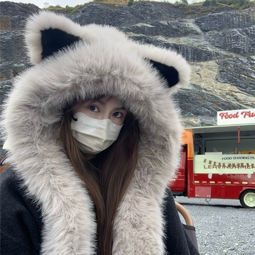 [Cat Ear Hat Scarf] A Soft Polyester Faux Fur Cat Ear Hat with an Integrated Scarf, Suitable for Both Men And Women in Winter, Stylish And Unisex, Lightweight, with a Closure, Perfect for Singles Parties.