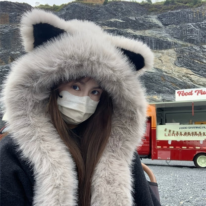 [Cat Ear Hat Scarf] A Soft Polyester Faux Fur Cat Ear Hat with an Integrated Scarf, Suitable for Both Men And Women in Winter, Stylish And Unisex, Lightweight, with a Closure, Perfect for Singles Parties.