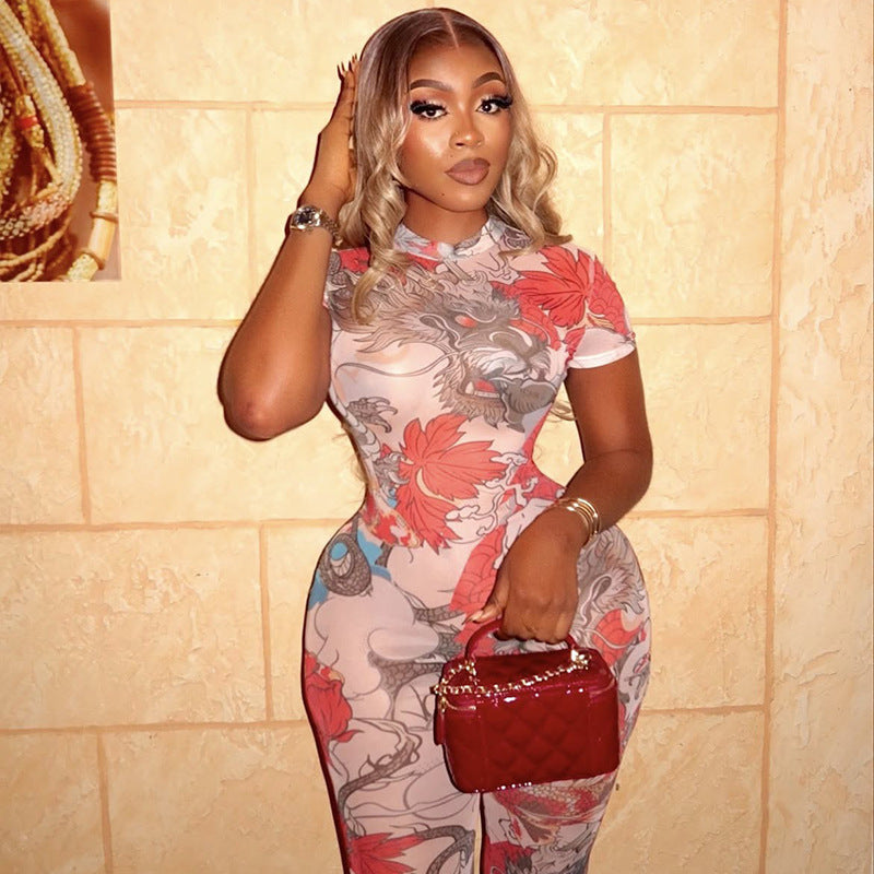 European and American Style Personality Women's Floral Print Pattern Jumpsuit Slim Fit Waist-Cinching Long Jumpsuit Trendy