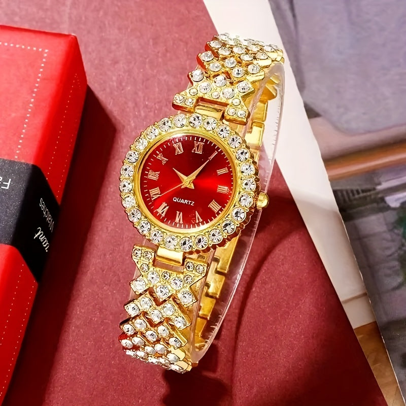 5pcs Golden Luxury Women'S Rhinestone Ring Necklace Earring And Wrist Watch Set, Elegant Ladies Bracelet Watches Jewelry Set, Jewelry for Women, Special for Party And Gifts, Lucky Gifts Holiday Presents are Exclusively Provid