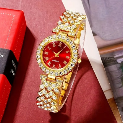 5pcs Golden Luxury Women'S Rhinestone Ring Necklace Earring And Wrist Watch Set, Elegant Ladies Bracelet Watches Jewelry Set, Jewelry for Women, Special for Party And Gifts, Lucky Gifts Holiday Presents are Exclusively Provid
