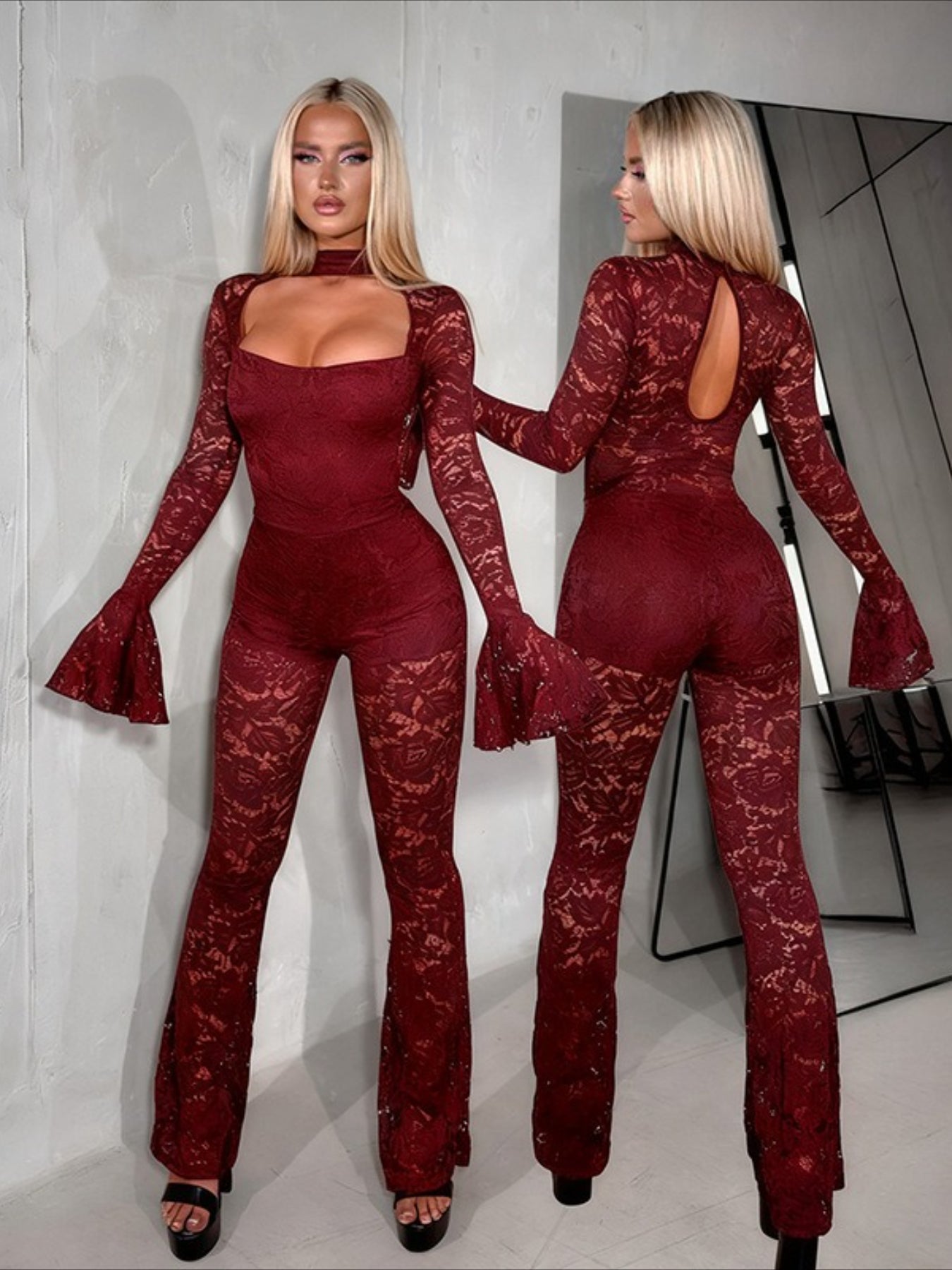 LUCKFOX Sexy Flared Sleeve Lace Jumpsuit Trousers | Fashionable Open Bust Design, Hooded Collar, Perfect for Spring/Summer/Fall