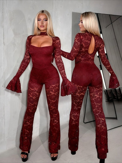 LUCKFOX Sexy Flared Sleeve Lace Jumpsuit Trousers | Fashionable Open Bust Design, Hooded Collar, Perfect for Spring/Summer/Fall