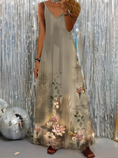 Chic Long Dress with a Floral Pattern, Featuring a V-Neck And Sleeveless Design, Perfect for Holidays And Summer Outings, Offering a Relaxed Fit And a Flattering Silhouette