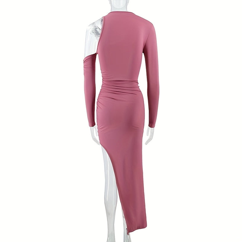 Sexy Mauve One-Shoulder Bodycon Maxi Dress with High Slit - Evening Gown, Party Wedding Prom Dress, Machine Washable Thigh-High Split Dress for Spring/Summer Events (Stock Available)