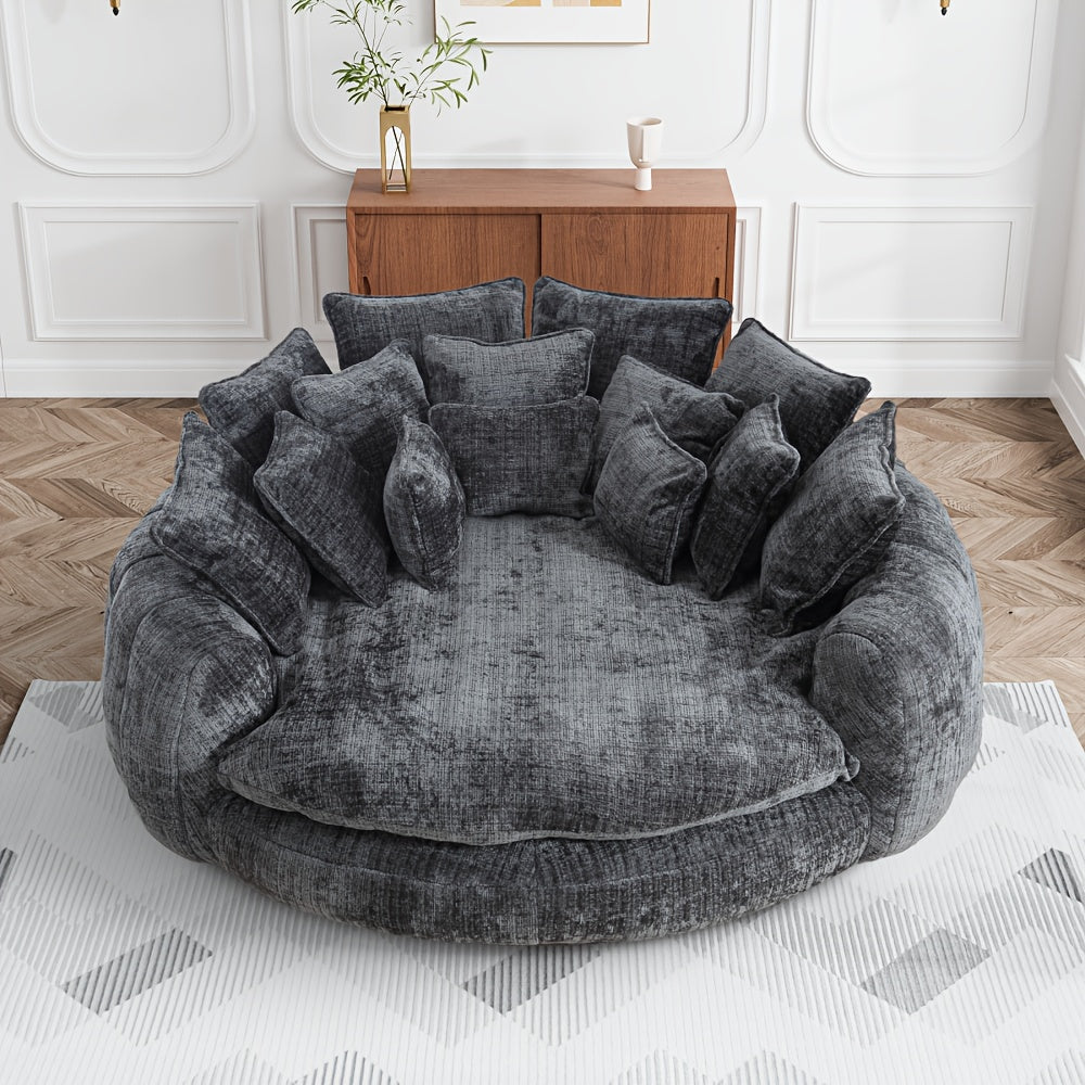 Modern 81" Oversized Bean Bag Chair - Upholstered Chenille Round Sofa Bed with Plush Fluffy Cushion, Deep Seat & Open Back Design, No Assembly Required, Gray Fabric for Living Room, Apartment, or Guest Room, Cozy Seating, Con
