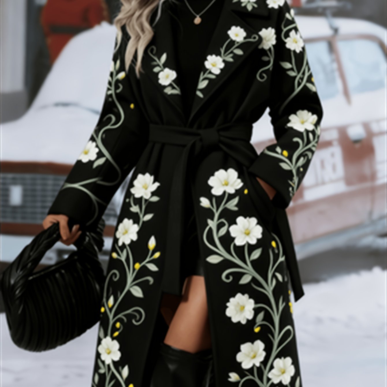 Fashionable And Elegant - Winter New Arrival - Women's Long Trench Coat - Warm And Simple - Double-Breasted Buttons With Belt - Featuring Floral Vine Print