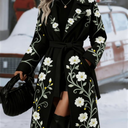 Fashionable And Elegant - Winter New Arrival - Women's Long Trench Coat - Warm And Simple - Double-Breasted Buttons With Belt - Featuring Floral Vine Print