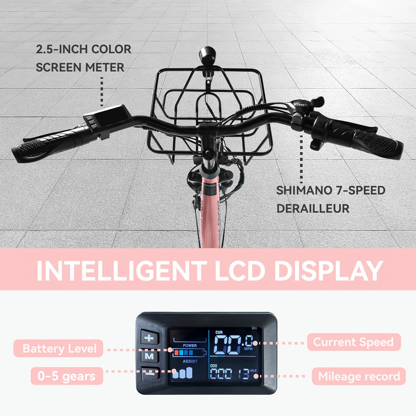 Cruiser Electric Bike For Women, 500W Motor 36V/10.4Ah Removable Battery, 25-40 Miles 20MPH, 24 Inch Electric Bike High-Carbon Steel Frame, 7-Speed With Front Basket -Beach Commuter Ebike For Adults, Ebike With Basket, Sakura