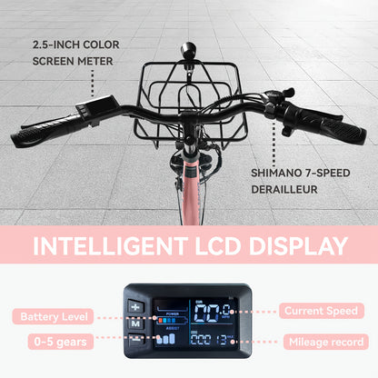 Cruiser Electric Bike For Women, 500W Motor 36V/10.4Ah Removable Battery, 25-40 Miles 20MPH, 24 Inch Electric Bike High-Carbon Steel Frame, 7-Speed With Front Basket -Beach Commuter Ebike For Adults, Ebike With Basket, Sakura