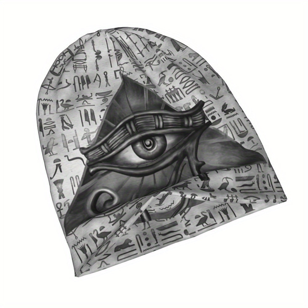 1pc BIIHUDU Unisex Egyptian Eye of Horus Beanie - Funky Style Knit Fabric Hat with Elastane and Polyester, Soft No-Brim Bonnet