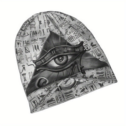 1pc BIIHUDU Unisex Egyptian Eye of Horus Beanie - Funky Style Knit Fabric Hat with Elastane and Polyester, Soft No-Brim Bonnet