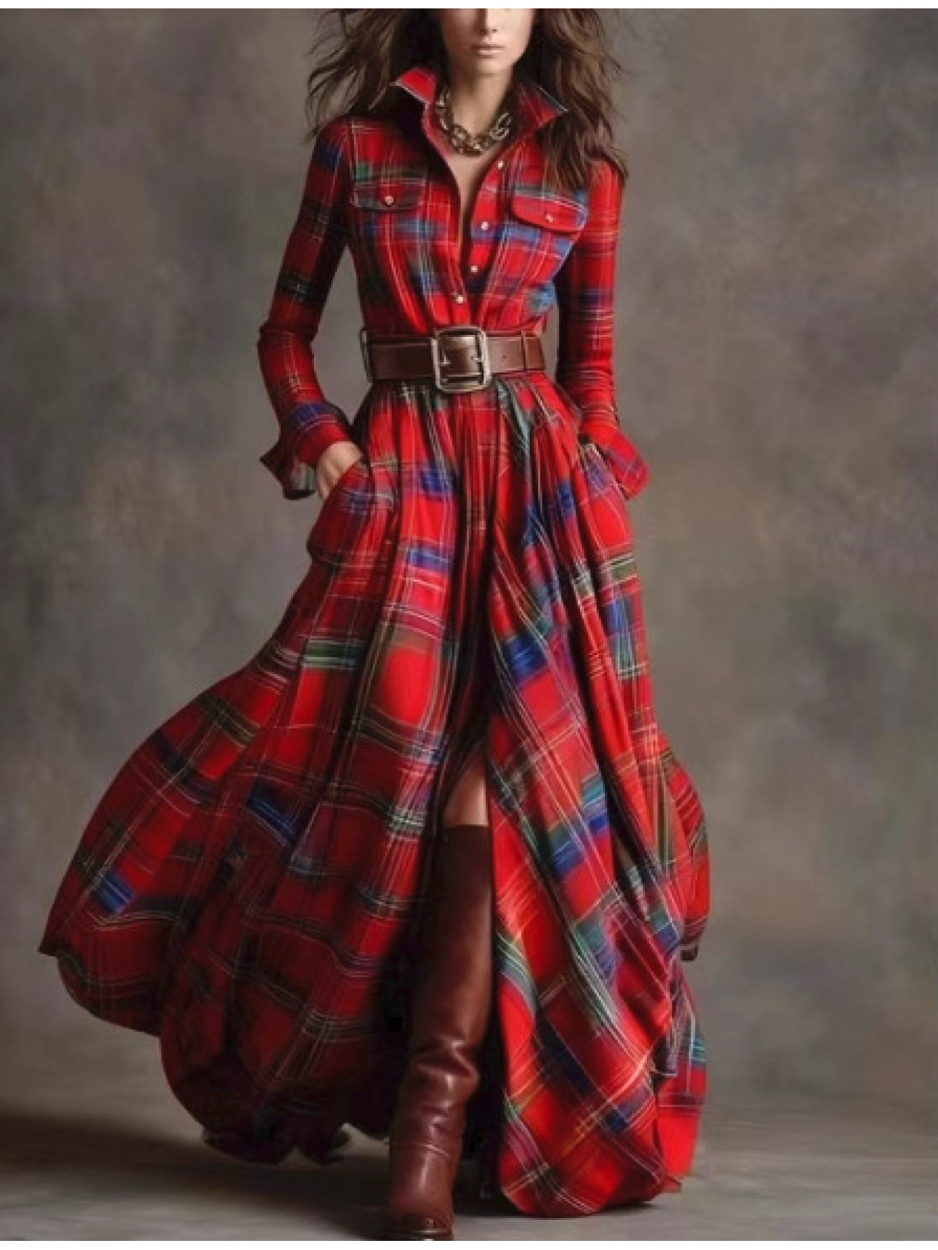 Women'S Autumn-Winter French Retro Elegant Literary Plaid Lapel Maxi Dress | Long Sleeve, Button Details, Vintage Style