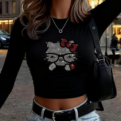 [Printed Design – Not Textured] HELLO KITTY Classic IP Collaboration Autumn/Winter Women's Y2K Long-Sleeve High-Waist T-Shirt. Features Sanrio All-Star Kitty, Pompompurin, Kuromi, and My Melody Print Designs. Cute, Sweet, a