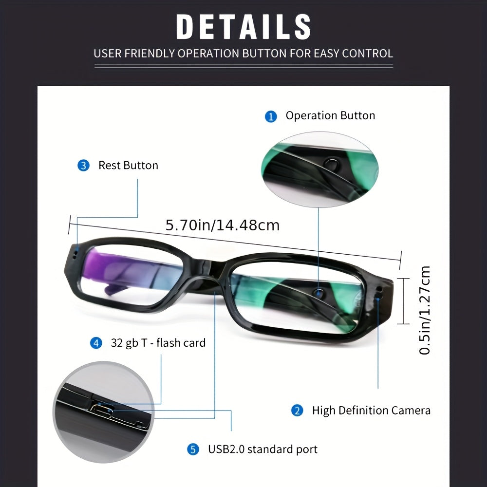 1080P HD Video Recording Glasses with 64GB Built-in Memory - Smart Glasses Camera, 300mAh Battery, USB 2.0 Micro Charging Port, Digital Image Stabilization
