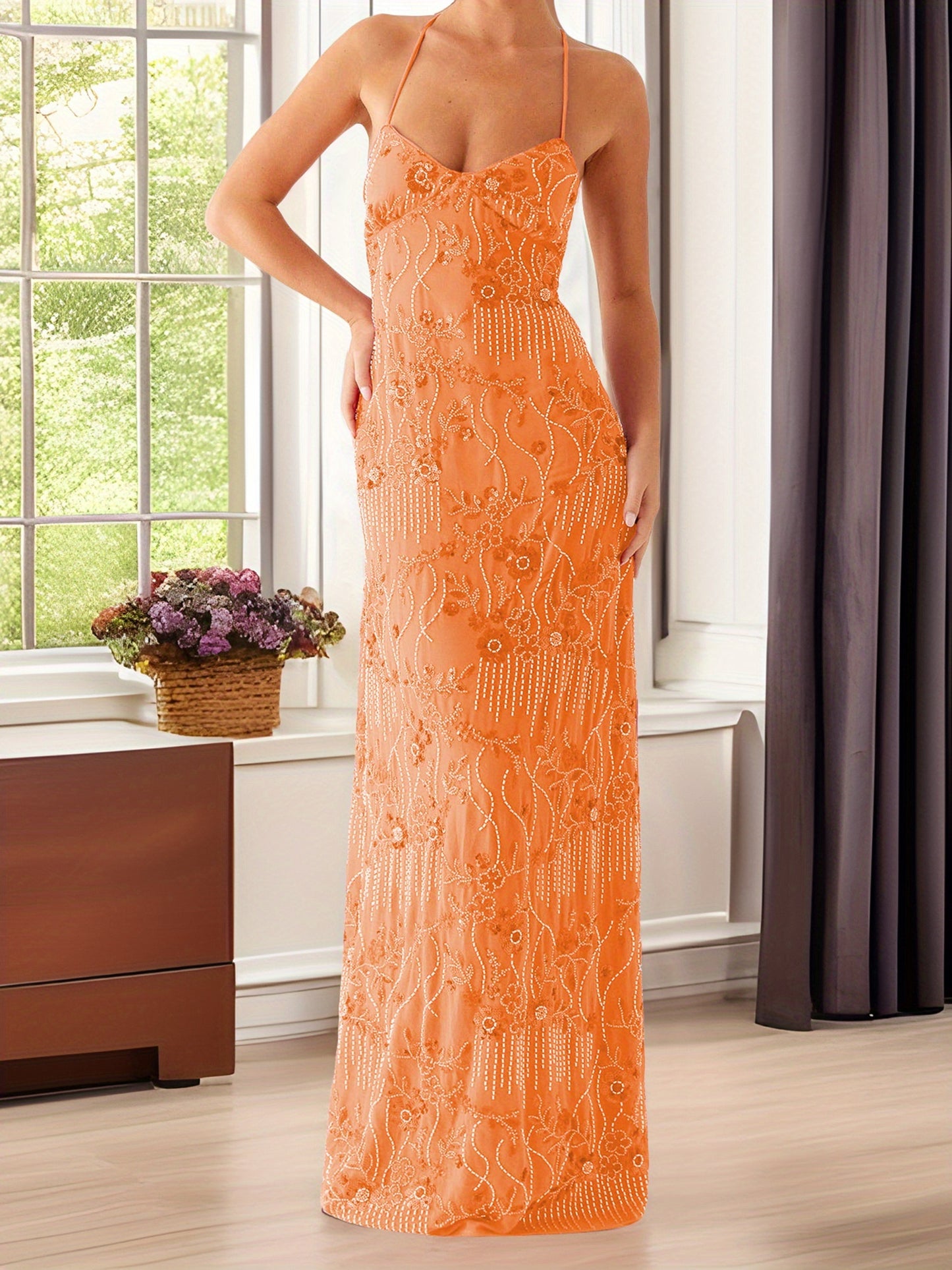 Women'S Elegant Turquoise Sequin & Floral Lace-like Sleeveless Maxi Dress - V-Neck Spaghetti Strap Summer Evening Party Dress, Lightweight Breathable Formal & Semi-Formal Outfit for Beach Events, Prom, Galas - Casual to Forma