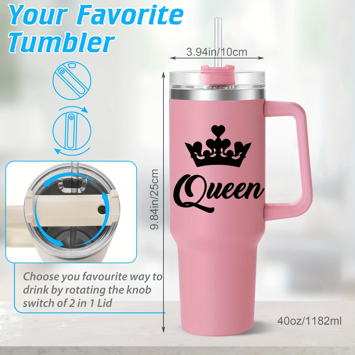 1pc HSDIOKL Queen 40oz Stainless Steel Tumbler - Double Wall Vacuum Insulated Travel Mug - Customizable with Crown & "Queen" Design - Pink Lid - Perfect for Halloween, Christmas, Thanksgiving Gifts - Gift Mug | Crown Motif Tu