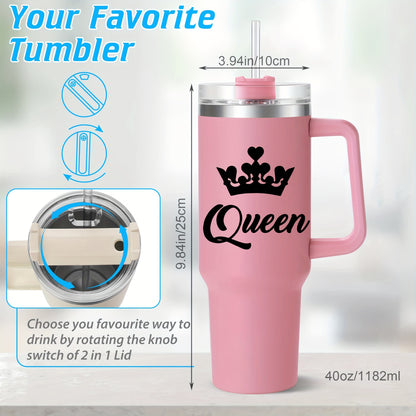 1pc HSDIOKL Queen 40oz Stainless Steel Tumbler - Double Wall Vacuum Insulated Travel Mug - Customizable with Crown & "Queen" Design - Pink Lid - Perfect for Halloween, Christmas, Thanksgiving Gifts - Gift Mug | Crown Motif Tu