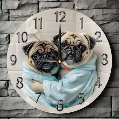 [Silent Operation] Charming Pug-Themed Silent Wooden Wall Clock - Farmhouse Style Round Clock with Adorable Pug Design, Easy-to-Read Numbers, No Ticking Sound, Perfect for Kitchen, Bedroom, or Office Decor, 9.8x9.8 Inches (Ba
