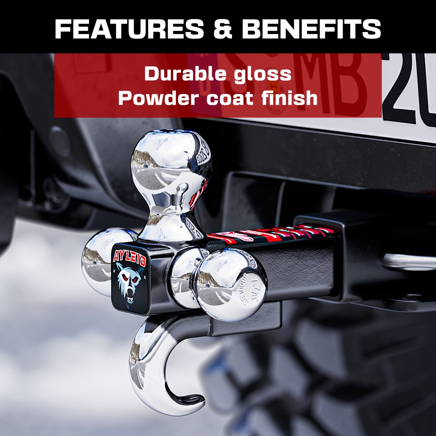 Ayleid Tri-Ball Trailer Hitch Mount with Rotatable Hook & Pin - Includes 3 Replaceable Balls (1-7/8", 2", 2-5/16") - Fits 2" Receiver for Secure Towing, Red Handle & Black Metal Construction
