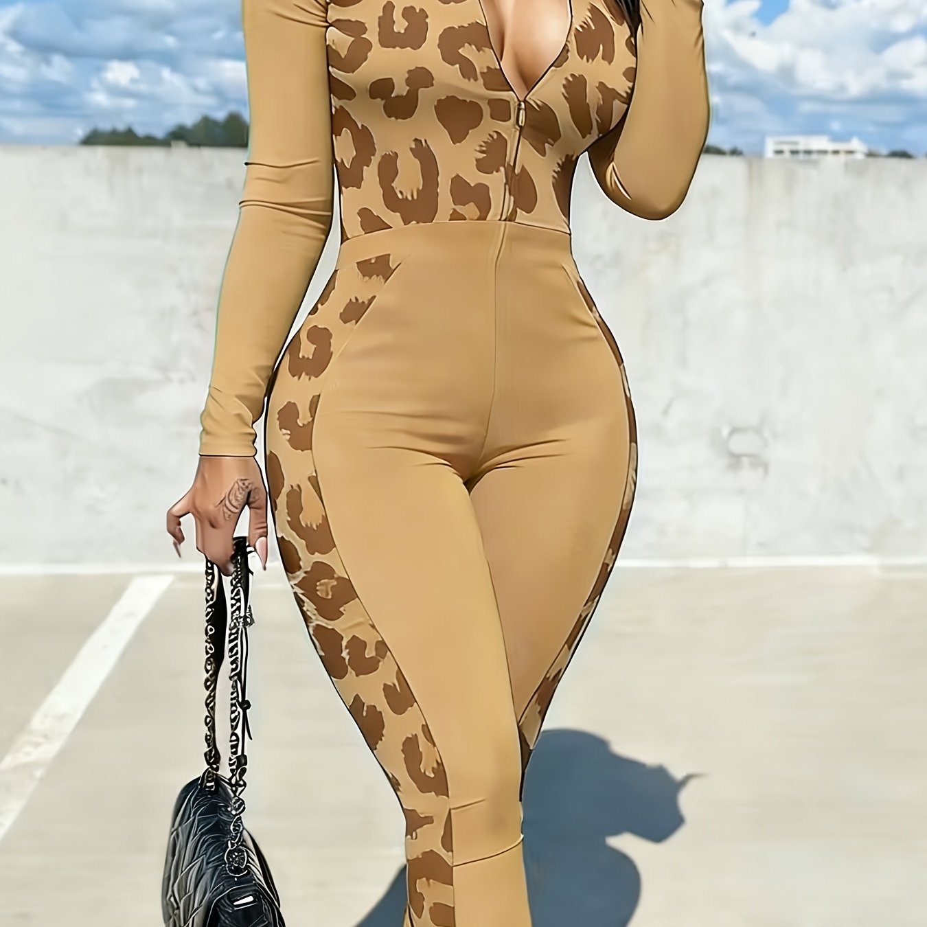 Plus Size, Fashion Women's Clothing | Women's Zip - Up Jumpsuit Set | Bright Green with Black Leopard Print Patchwork | Long Sleeve Full - Zip Design | Slim Fit | Suitable for Daily Outings & Multiple Occasions