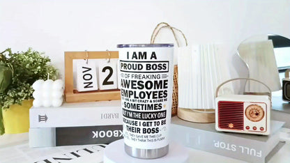 1pc POUHESHI 20oz Stainless Steel Tumbler with "I AM A Proud Boss" Humorous Design - Shatterproof, Reusable, Ideal for Office or Outdoor Use, Perfect Gift for Bosses, Campers, and Holidays, Office Drinkware | Humorous Tumbler