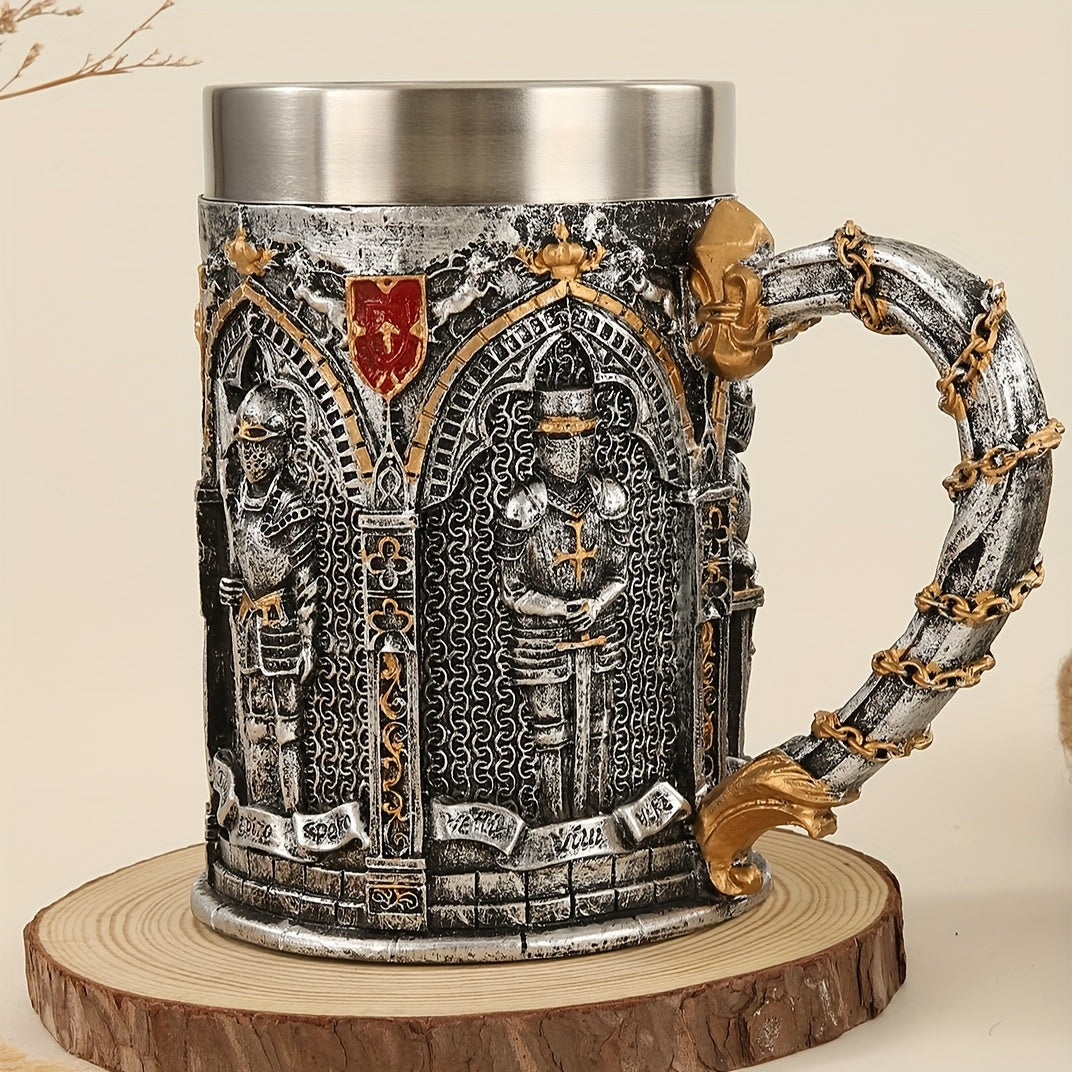 Medieval Knight Stainless Steel Mug with Gothic Castle & Chainmail Design - Heavy-Duty 201 Stainless Steel Cup, Golden ccent Lid & Chain Ring Handle for Renaissance Fairs, Themed Parties, Role-Play Events (Hand Wash Only) - D