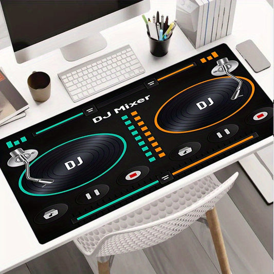 1pc Retro DJ Mixer Desk Mat - Non-Slip Surface, Vintage DJ Setup with Mixer Controls, Neon Green & Orange Accents - Compatible with PC, Computer, Gaming Setup - Perfect Gift for DJs, Gamers, Music Producers - Durable Rubber B
