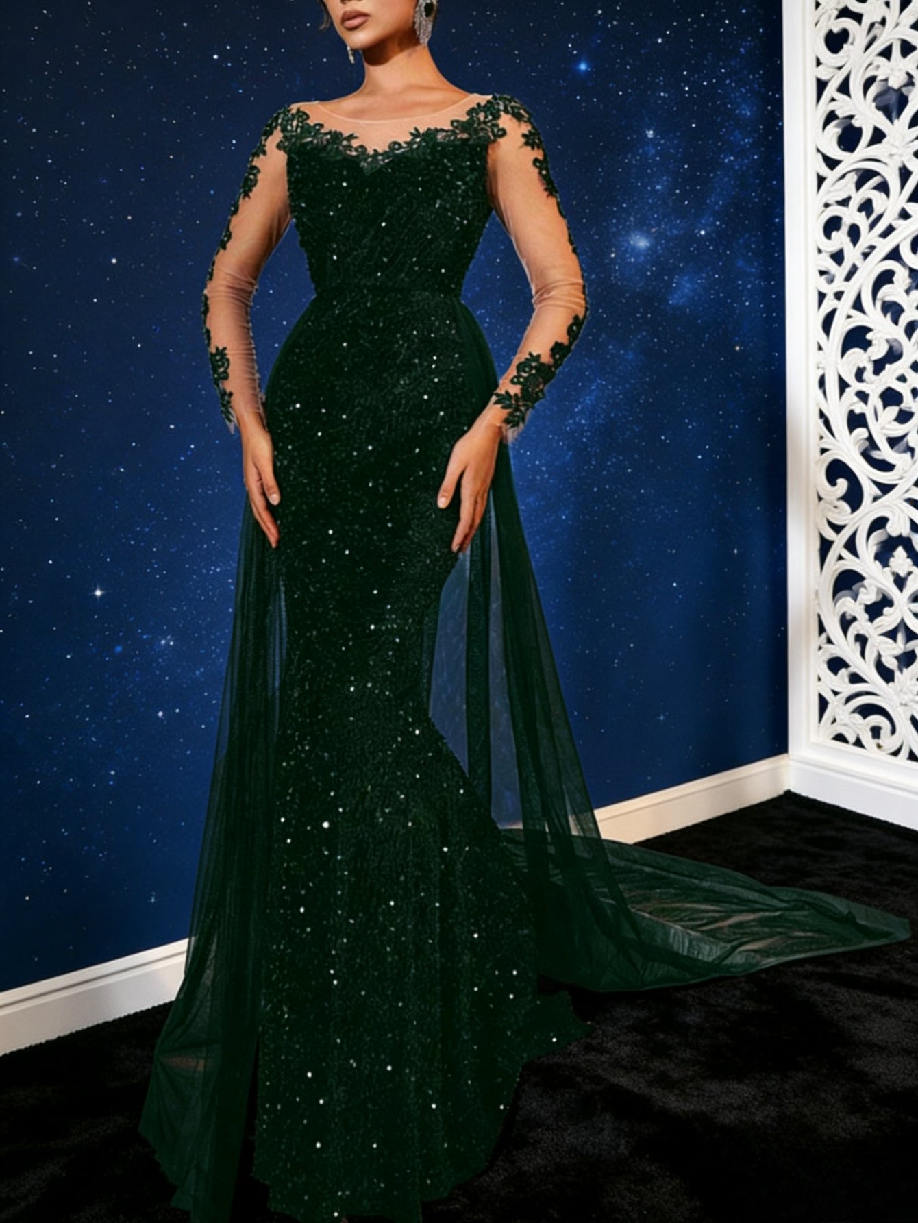 Plus Size, Women' Plus-Size Elegant Evening Gown - Long Train Wedding Dress with Lace Sleeves & Full Train, Round Neck Formal Dress for Prom, Galas, Balls - Luxury Formal Wear (Hand Wash/Dry) - - Wedding & Special Occasion Dr