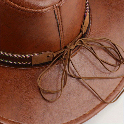 Women Men Western Hat Faux Leather Wide Brim Cowgirl Cap Sun Protection Hat for Outdoor Party