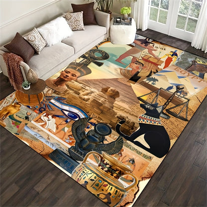1pc Non-Slip High Quality Machine Washable Mat - Egyptian-Themed Polyester Mat with Hieroglyphics & Pharaohs Design, Large Area Mat for Indoor/Outdoor Use in Entryway, Living Room, Bedroom, Patio, Garden - Home Decor, Washabl