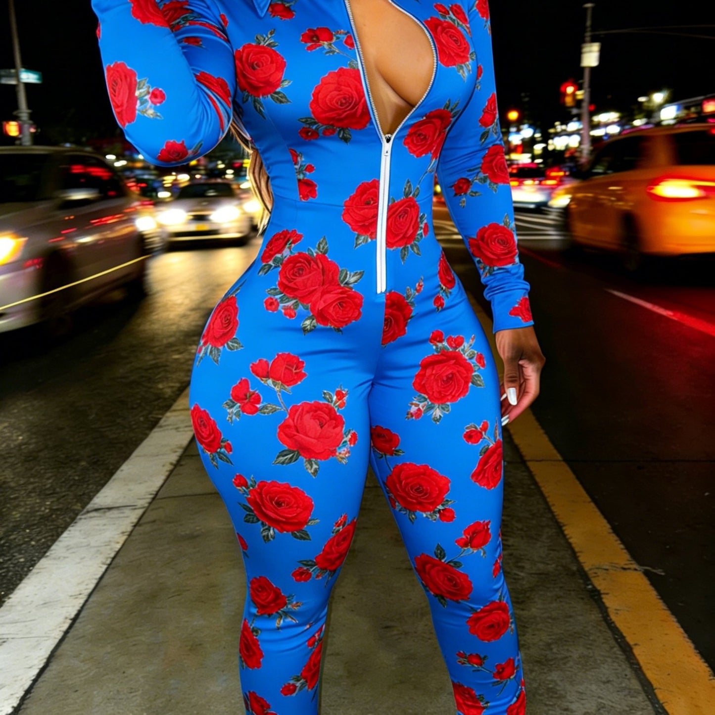 Red Rose Print Casual Women's Half Zipper Jumpsuit, Floral Pattern Casual Wear, Outdoor S Women's Long Sleeved Lapel Sweatshirt Jumpsuit, Fashionable Spring Half Zipper Slim Fit Jumpsuit, Women's Gift, Soft Fabric, Machine Wa
