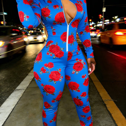 Red Rose Print Casual Women's Half Zipper Jumpsuit, Floral Pattern Casual Wear, Outdoor S Women's Long Sleeved Lapel Sweatshirt Jumpsuit, Fashionable Spring Half Zipper Slim Fit Jumpsuit, Women's Gift, Soft Fabric, Machine Wa