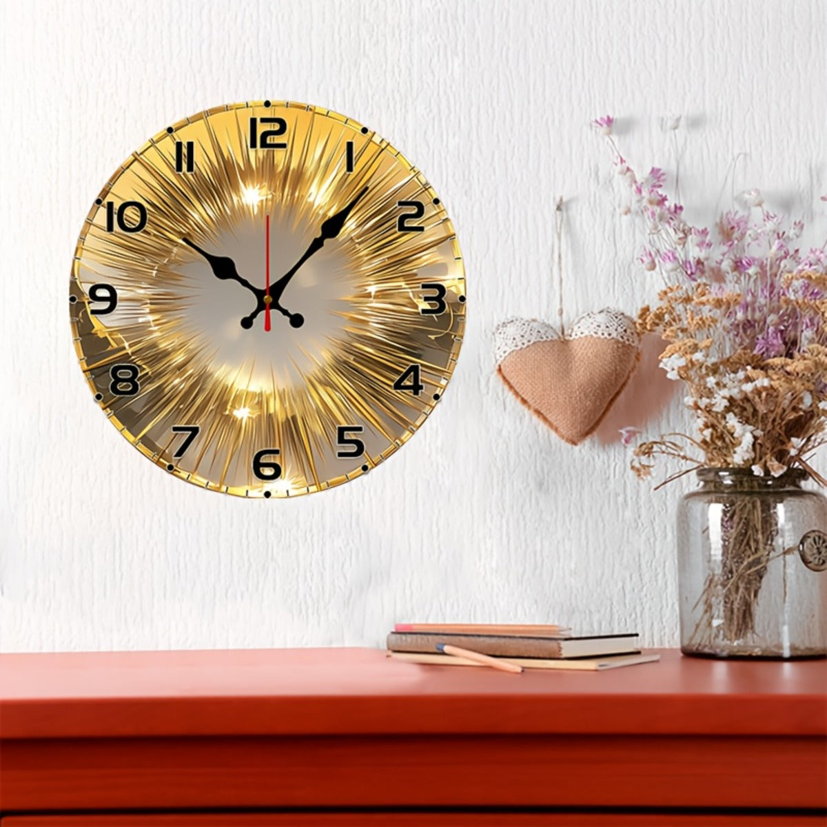 10-Inch Modern European Style Golden-Toned Wood Veneer Wall Clock with Black Arabic Numerals & Quartz Movement - Silent Sweep Round Clock for Living Room, Study, Bedroom - (AA Not Included) - Minimalist Large Face, Wall Clock