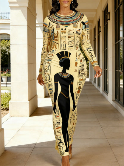 [Women's Dress] Spring/Summer Women's Long-Sleeved Bodycon Dress, African Batik Geometric Print, Elastic Waist for a Flattering Figure, Ethnic Style Outfit for Holidays and Parties, 2026 Early Spring New Arrival