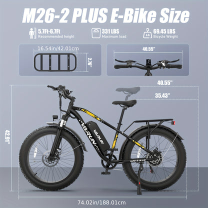 Adult Mountain Electric Bike, 500W Powerful Motor, 624wh Rechargeable Battery, With Mudguards, 7-speed Adult Fat Tire Electric Bike, Snow Riding Electric Bike, 26*4 Inches Wide Tire Bicycle, Christmas Gift, Birthday Gift