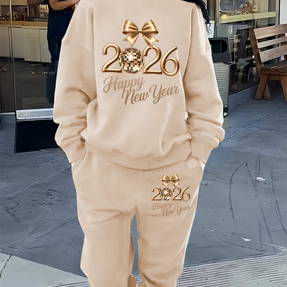 Women'S Casual Crew Neck Sweatshirt & Pants Set - Cozy Fleece-Lined Two-Piece Outfit with "Happy New Year" Print, Perfect for Fall/Winter, Casual Wear, |playful Print|fleece Lined Pants, Sweater Pants