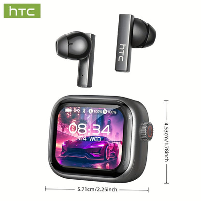HTC NE40 Rotary Screen TWS Translator Buds Wireless 6.0 134-Language Face-to-Face Simultaneous Interpretation 48h Total Battery & 10-min Fast Charge LED Full-Color Touch Dial HiFi Audio-Travel-Call Ready Black And Grey