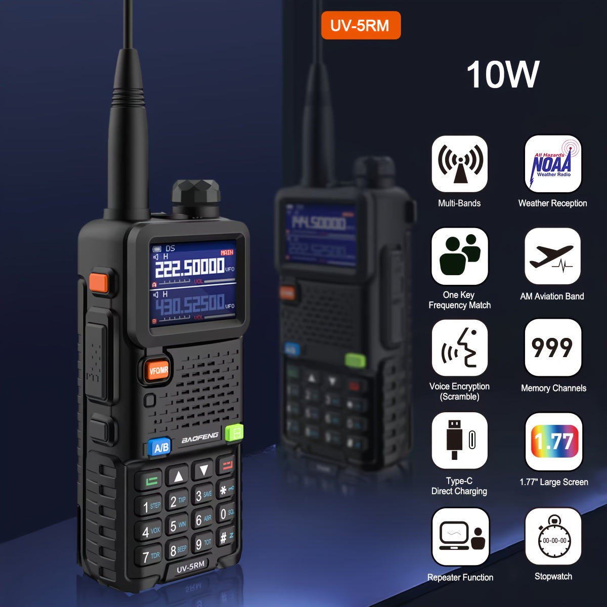 Baofeng UV-5RM Long Range Walkie Talkie, 10W High Power, Dual Band (UHF/VHF), 6-Band FM Radio, Rechargeable Battery, Clear Communication Up To 10 Miles, Compact & Durable Design Portable Radio, Sturdy Build, Intercom System,