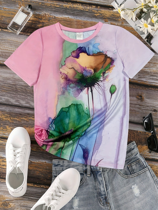 Plus Size, Women'S Soft Pink Abstract Floral Print T-Shirt - Pastel Pink with Green & Purple Watercolor Design, Breathable Non-Stretch Fabric, Comfort Fit Round Neck Short Sleeve Top, Casual Everyday Blouse for Fall, Machine