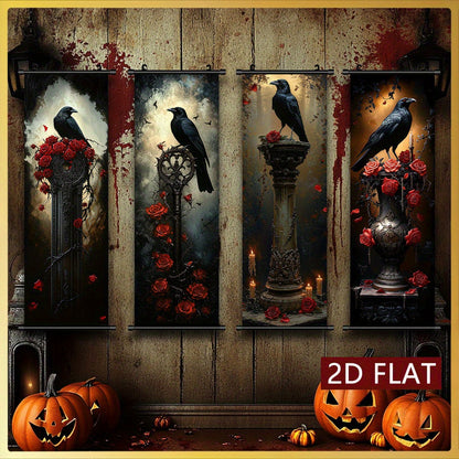 2D Flat, 2D/FLAT 4pcs Dark Gothic Style Hanging Wall Art Set, Raven and Rose Decorative Paintings - Odourless & Fade-Resistant Halloween Décor for Entryway Basement Bedroom Living Room to Add a Mysterious Ambiance, Halloween