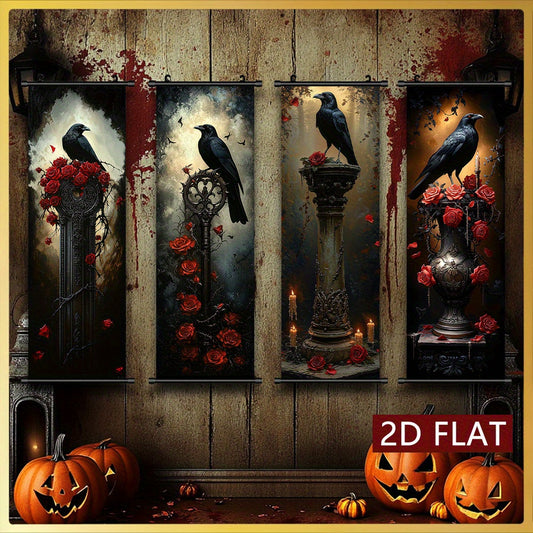 2D Flat, 2D/FLAT 4pcs Dark Gothic Style Hanging Wall Art Set, Raven and Rose Decorative Paintings - Odourless & Fade-Resistant Halloween Décor for Entryway Basement Bedroom Living Room to Add a Mysterious Ambiance, Halloween